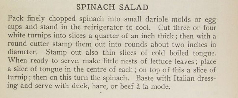 A recipe for spinach salad. Full alt next linked in caption.