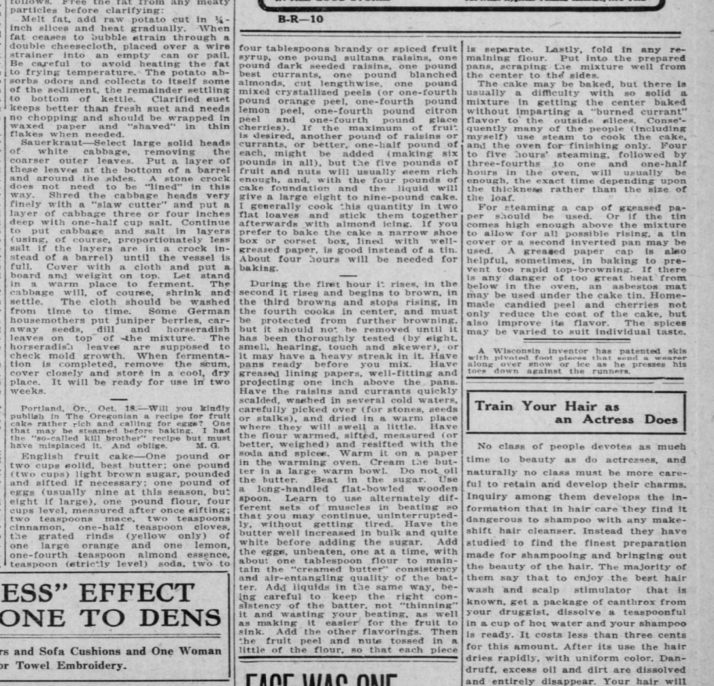 Newspaper Clipping: Tingle's 1916 recipe for the Brother Killer fruit cake