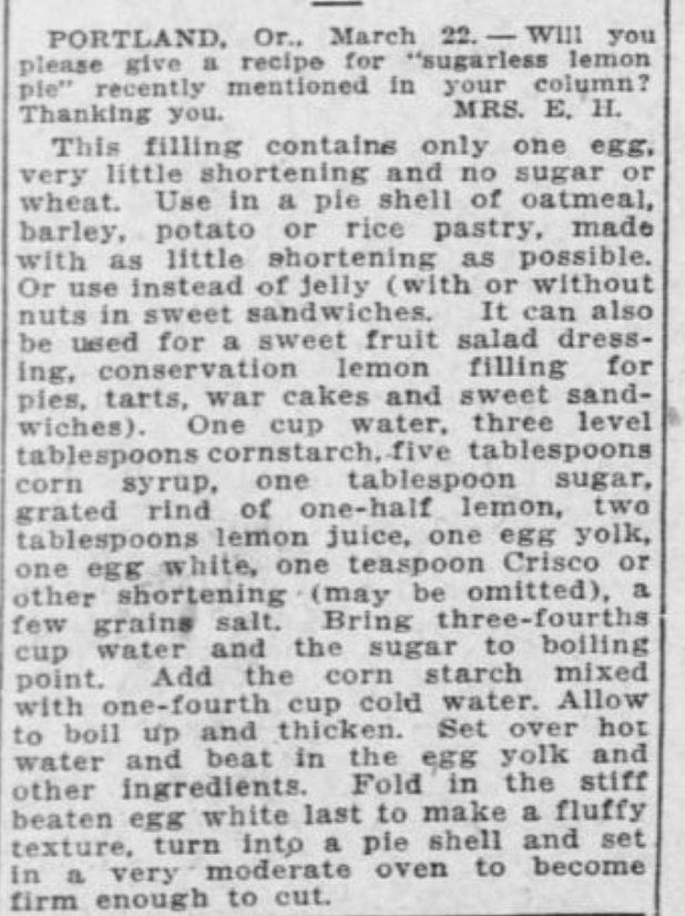 Newspaper clipping. Correspondent requests a sugarless lemon pie recipe which tingle provides.