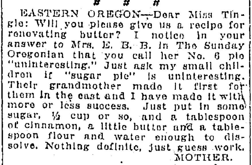 Newspaper clipping. A correspondent from eastern Oregon writes in about sugar pie