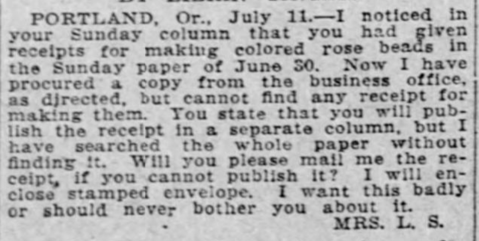Newspaper clipping, a correspondent asks for a colored rose bead recipe. Full text linked in caption.