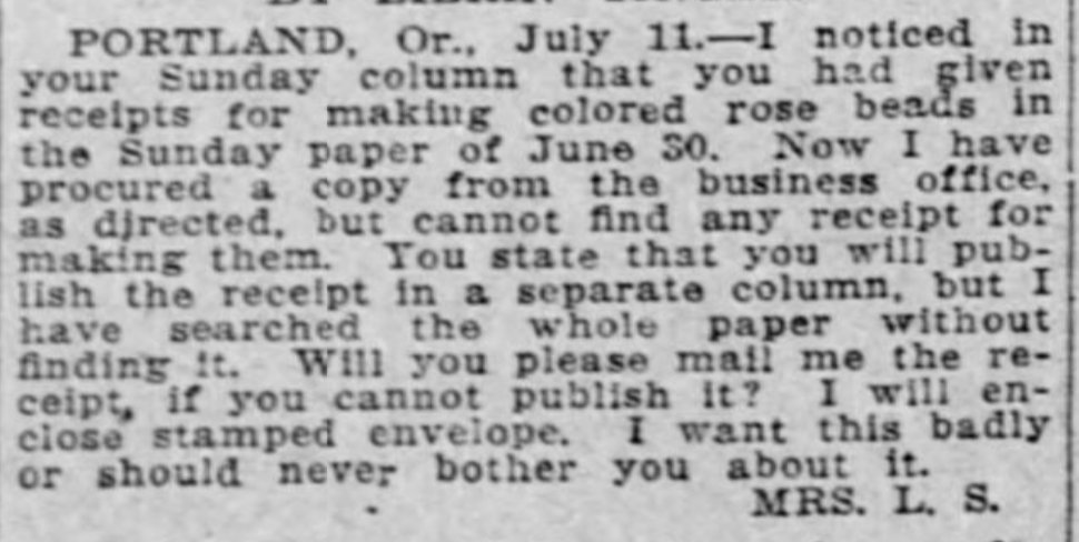 Newspaper clipping, a correspondent asks for a colored rose bead recipe. Full text image description available.