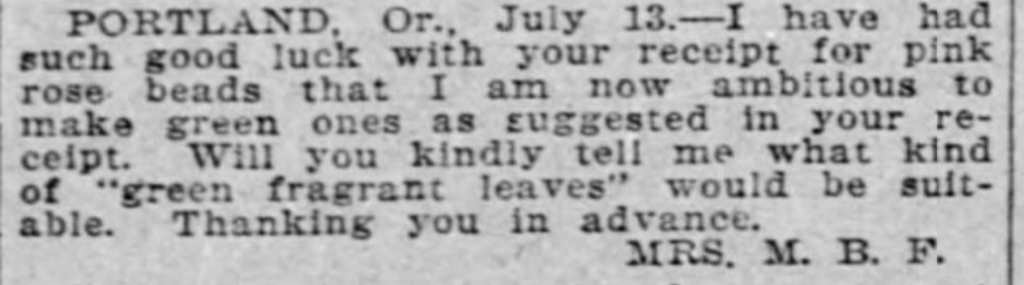 Newspaper clipping, a correspondent asks for a pink and green rose bead recipe. Full text linked in caption.