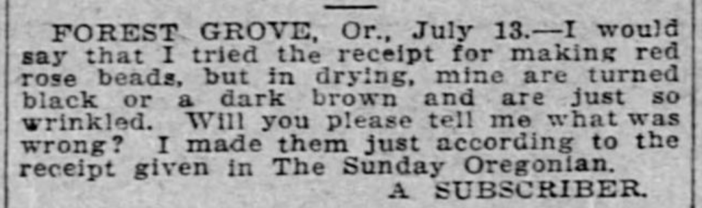 Newspaper clipping, a correspondent asks for a red rose bead recipe. Full text linked in caption.