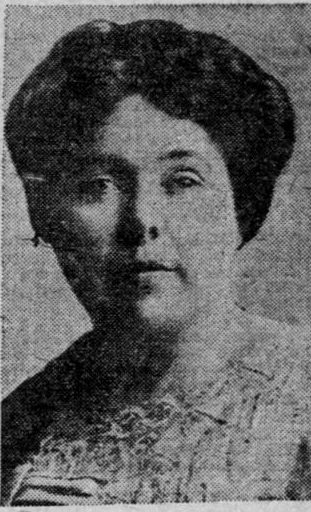 A black and white newspaper clipping featuring a portrait of a middle aged white woman with a plump face and her hair pinned up. 