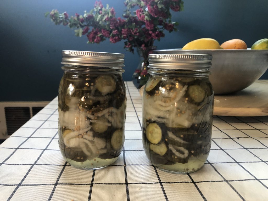 Two glass jars of pickles (sliced cucumbers and white onions).