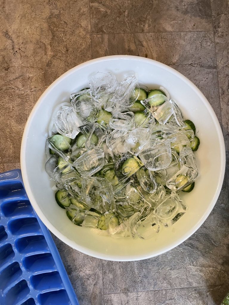 a bowl of sliced cucumbers covered with a layer of ice cubes.